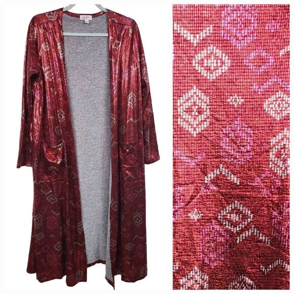 NEW LuLaRoe SARAH Elegant Cardigan Red Foil Metallic Tribal Long Duster Cover Up - Picture 1 of 10